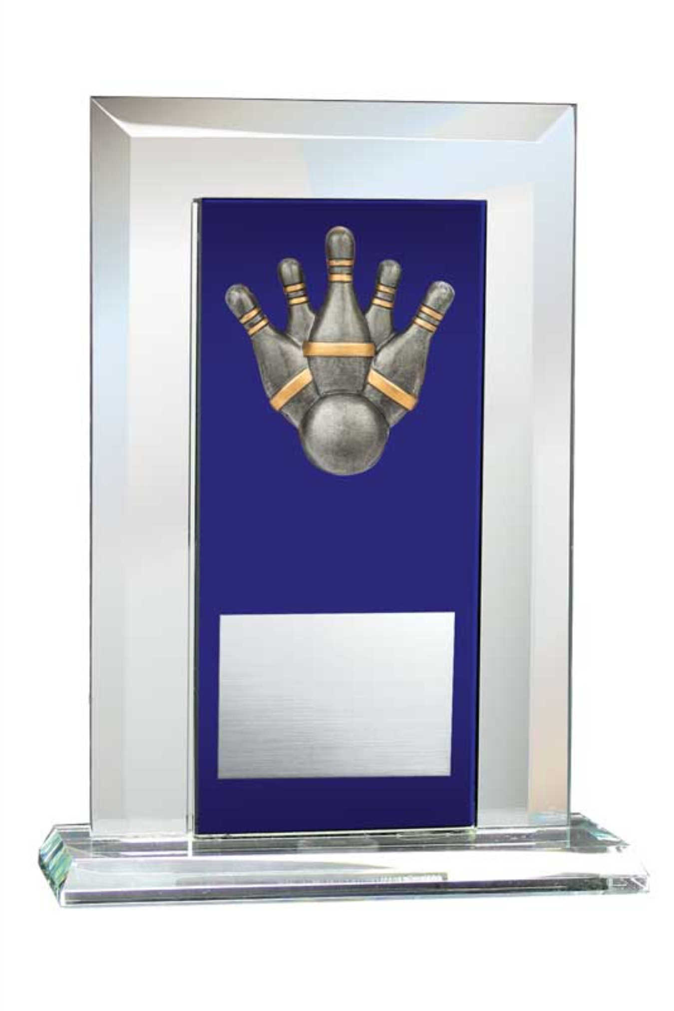 5-Pin Bowling Award - Glass Mirror Blue with Resin Relief