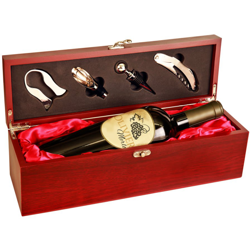 Rosewood Finish (Red Lining) Single Wine Presentation Box With Tools - JDS WBX11
