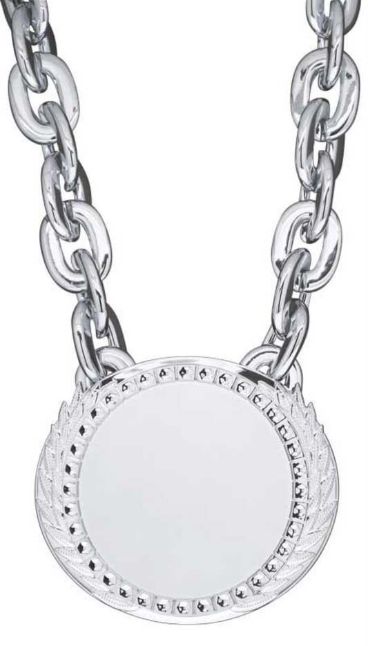 XL Alpha Medal w/Chain 6" x 5.25", Bright Silver