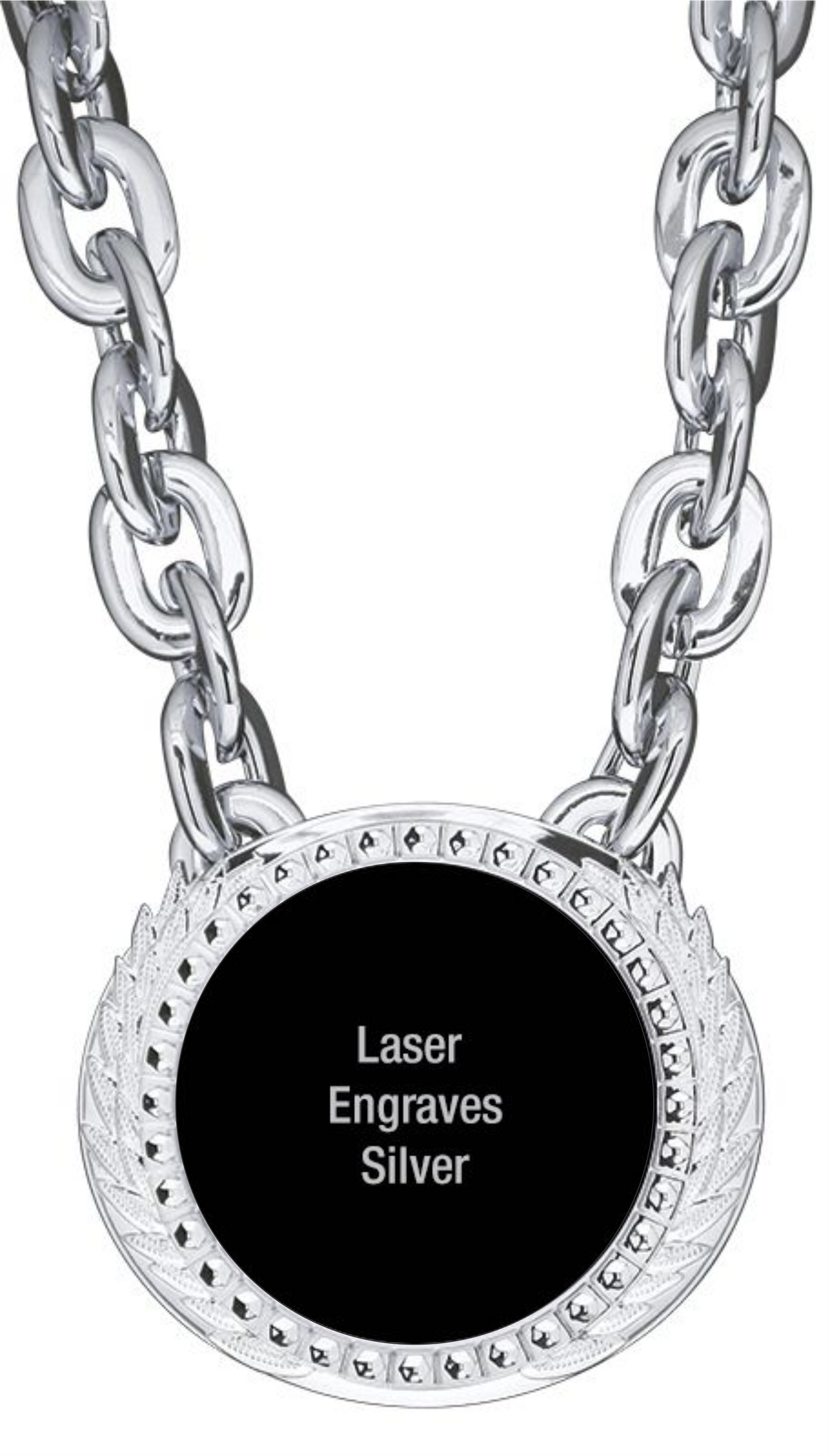 XL Alpha Medal w/Chain 6" x 5.25", Bright Silver