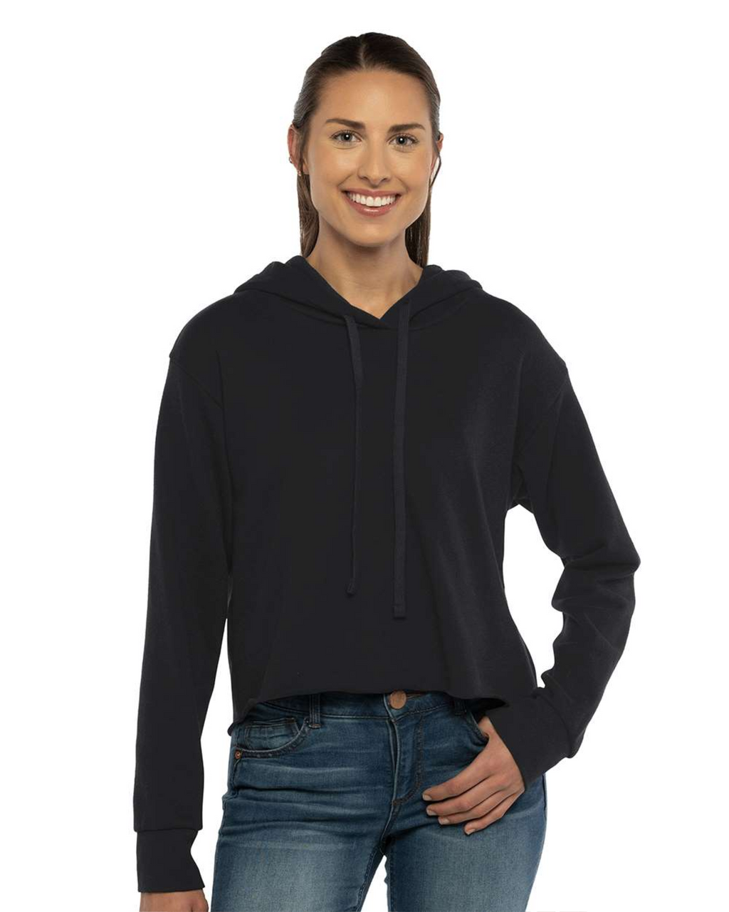 Ladies' Laguna Sueded Raw Edge Crop Hoodie- Next Level 9384