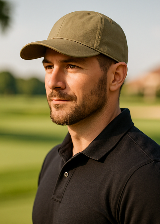 make him wearing a kaki, soft rounded baseball cap