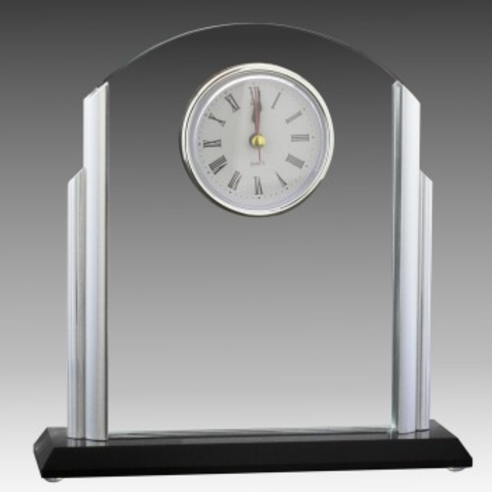 Polished Chrome Glass Mantle Clock With Black Base 7" - GLCK2919